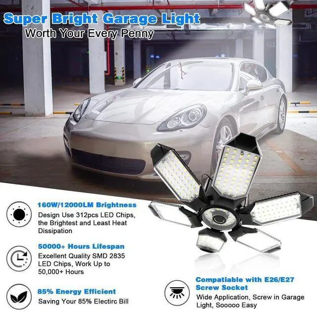 Alt view image 9 of 14 - Garage Lights - 2Pack Super Bright 32000LM LED Garage Ceiling Light 6500K LED Shop Light w/ 6 Deformable Panels Screw in E26/E27 Socket Light Bulbs for Workshop Storage Warehouse Attic