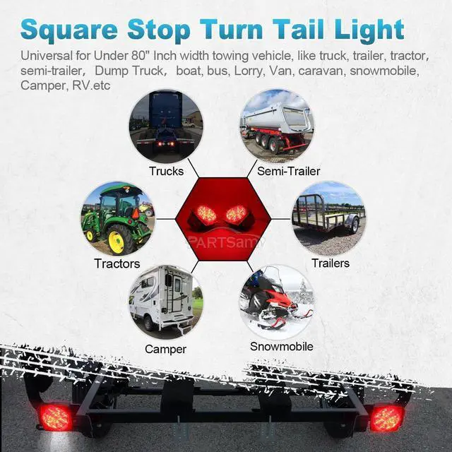 Alt view image 14 of 14 - 12V Submersible Square Led Trailer Light,Red White LED Stop Turn Tail License Brake Running Light Lamp for Trailers Under 80" Boat Trailer Truck Marine Camper RV Snowmobile,IP68,DOT Compliant