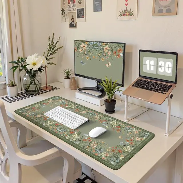 Alt view image 6 of 10 - Dark Green Floral Desk Mat, Desk Mat for Keyboard and Mouse, XL Mouse Pad with Non-Slip Rubber Base, Waterproof Computer Mats for Desktop, Long Mouse Pad for Gaming, Women Office