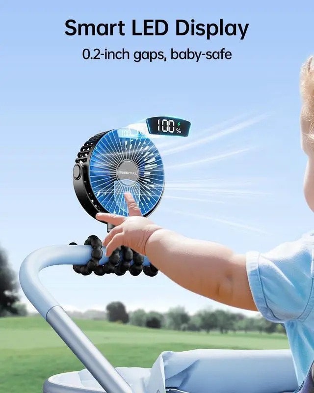 Alt view image 9 of 14 - Portable Stroller Fan with LED Display, 4 Speed Rechargeable Mini Clip On Fan, 360° Rotate Flexible Tripod Better Cooling Small Baby Fan for Car Seat Crib Travel Bike Treadmill (Black)