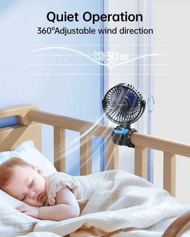 Alt view image 12 of 14 - Portable Stroller Fan with LED Display, 4 Speed Rechargeable Mini Clip On Fan, 360° Rotate Flexible Tripod Better Cooling Small Baby Fan for Car Seat Crib Travel Bike Treadmill (Black)