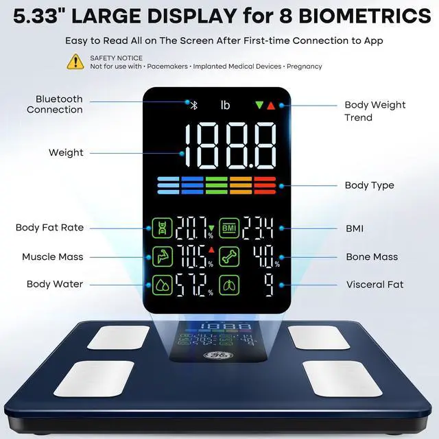 Alt view image 9 of 12 - Smart Scale for Body Weight, BMI, Fat, Muscle Mass, Digital Bathroom Scales 500lbs Bluetooth 11.8" Large Platform Weighing Machine Health Monitor with App, Dark Blue
