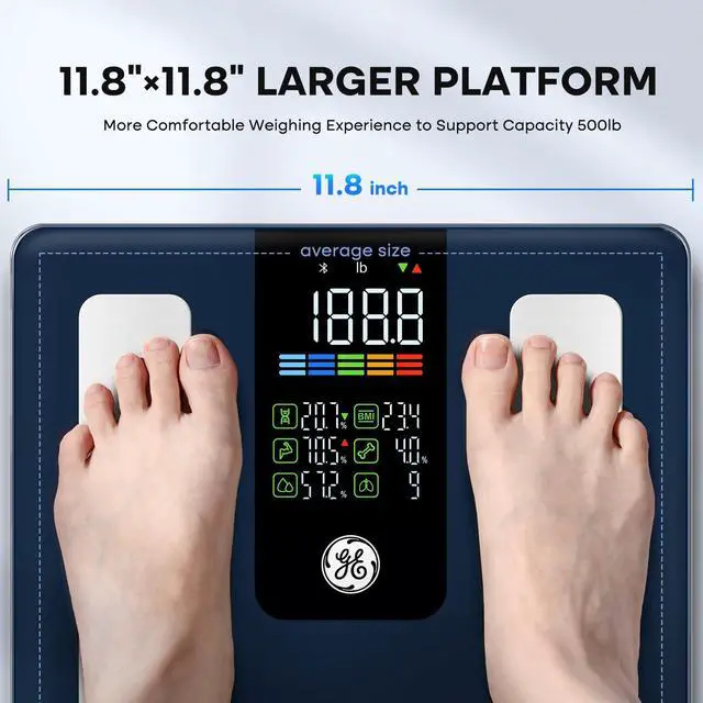 Alt view image 10 of 12 - Smart Scale for Body Weight, BMI, Fat, Muscle Mass, Digital Bathroom Scales 500lbs Bluetooth 11.8" Large Platform Weighing Machine Health Monitor with App, Dark Blue