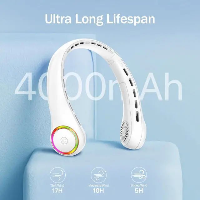 Alt view image 10 of 14 - Portable Neck Fan, Personal Fan with 4000mAh Battery, Rechargeable Neck Fan with 3 Speeds and 64 Cool Lights, Birthday Gifts for Men Women Mom Dad, Hands Free Cooling fan for Summer(White)