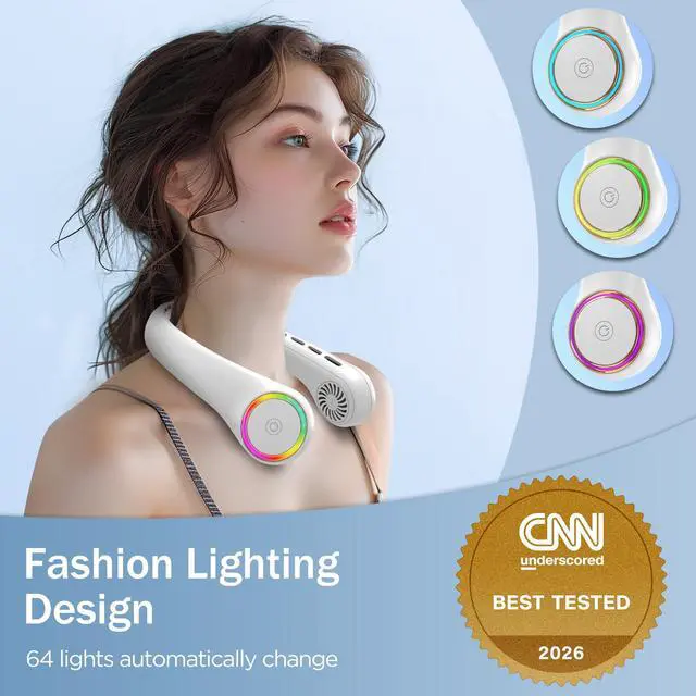 Alt view image 11 of 14 - Portable Neck Fan, Personal Fan with 4000mAh Battery, Rechargeable Neck Fan with 3 Speeds and 64 Cool Lights, Birthday Gifts for Men Women Mom Dad, Hands Free Cooling fan for Summer(White)