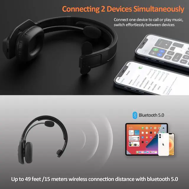 Alt view image 10 of 14 - Bluetooth Headset with Microphone, Trucker Bluetooth Headset with AI Noise Cancelling & Mute Button, Wireless On-Ear Headphones 65 Hrs Working Time, for Trucker Home Office Remote Work Zoom