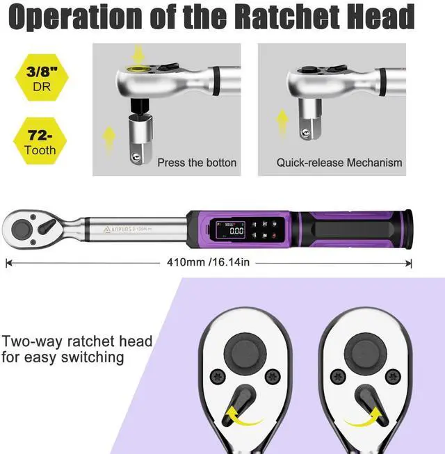 Alt view image 13 of 14 - Digital Torque Wrench 3/8 Drive, 1.5-99.56 Ft-lb/2.03-135 Nm, ±1% Precision Torque Wrench Digital Set with Vibration, Buzzer and LED Flash Notification for Bike, Motorcycle & Automotive Repair