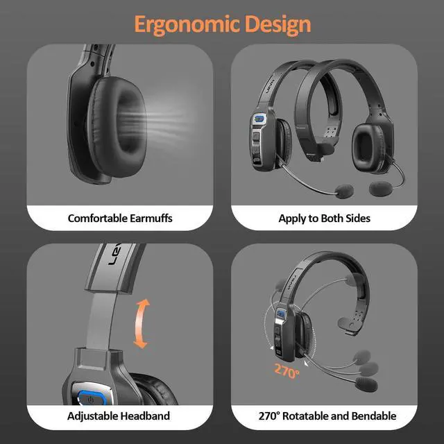 Alt view image 12 of 14 - Bluetooth Headset with Microphone, Trucker Bluetooth Headset with AI Noise Cancelling & Mute Button, Wireless On-Ear Headphones 65 Hrs Working Time, for Trucker Home Office Remote Work Zoom