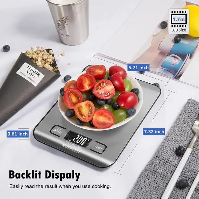 Alt view image 3 of 7 - Food Scale, Kitchen Scales Digital Weight Food Grams and Ounces for Weight Loss Baking Cooking of, Max 11lb 1g Increment, Backlight LCD Smart Tare Stainless Steel, Easy to Use, AAA Battery