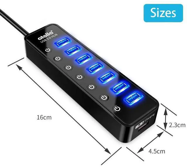 Alt view image 12 of 12 - Powered USB Hub 3.0, Atolla 7-Port USB Data Hub Splitter with One Smart Charging Port and Individual On/Off Switches and 5V/4A Power Adapter USB Extension for MacBook, Mac Pro/Mini and More.