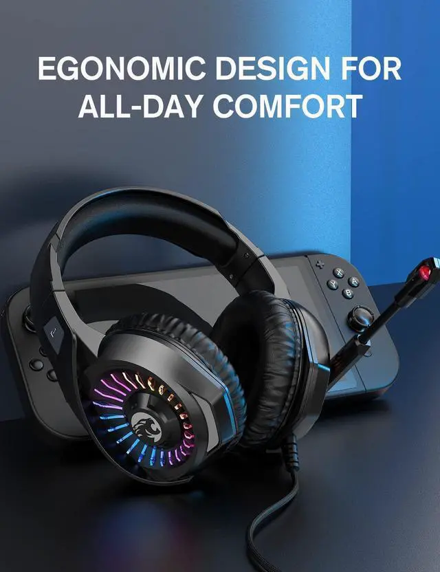 Alt view image 11 of 14 - Gaming Headset with Microphone, Compatible with PS4 PS5 Xbox One PC Laptop, Over-Ear Headphones with LED RGB Light, Noise Canceling Mic, 7.1 Stereo Surround Sound