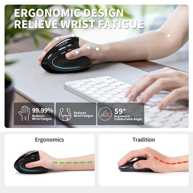Alt view image 9 of 14 - Ergonomic Mouse, Wireless Bluetooth Rechargeable Vertical Mouse, 7 Color LED, 4 DPI Adjustable, USB-A, Wrist Strain Relief,Optical Mice for Computer/PC/Laptop, Black (Black)