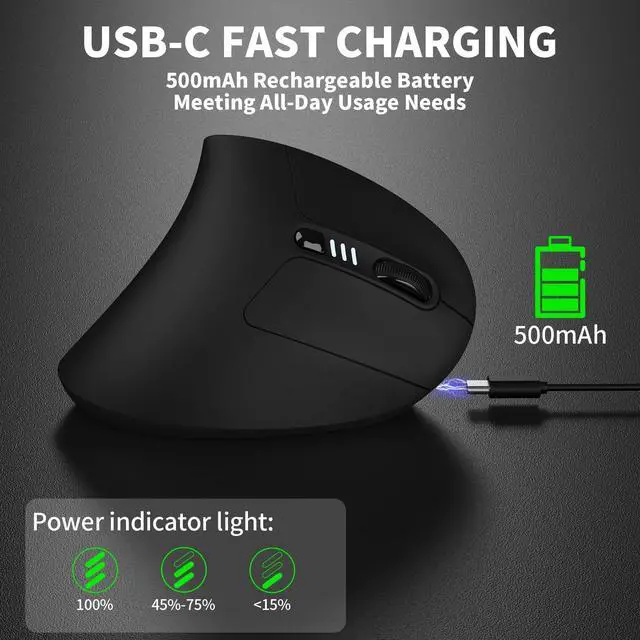 Alt view image 11 of 14 - Ergonomic Mouse, Wireless Bluetooth Rechargeable Vertical Mouse, 7 Color LED, 4 DPI Adjustable, USB-A, Wrist Strain Relief,Optical Mice for Computer/PC/Laptop, Black (Black)