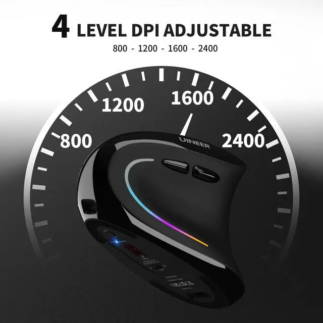 Alt view image 12 of 14 - Ergonomic Mouse, Wireless Bluetooth Rechargeable Vertical Mouse, 7 Color LED, 4 DPI Adjustable, USB-A, Wrist Strain Relief,Optical Mice for Computer/PC/Laptop, Black (Black)