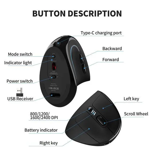 Alt view image 13 of 14 - Ergonomic Mouse, Wireless Bluetooth Rechargeable Vertical Mouse, 7 Color LED, 4 DPI Adjustable, USB-A, Wrist Strain Relief,Optical Mice for Computer/PC/Laptop, Black (Black)