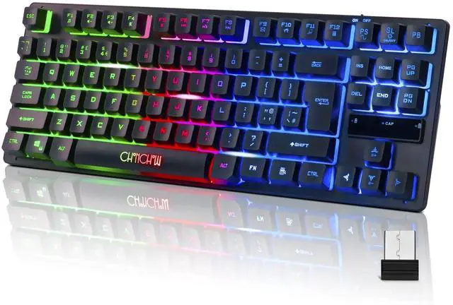 Alt view image 8 of 14 - Wireless LED Keyboard, Rechargeable 87 Key RGB LED Backlit Wireless Keyboard, Ergonomic Light up Gaming Keyboard Wireless compatibility with PC PS4 PS5 Xbox One Laptop, Teclado inalámbrico, Black