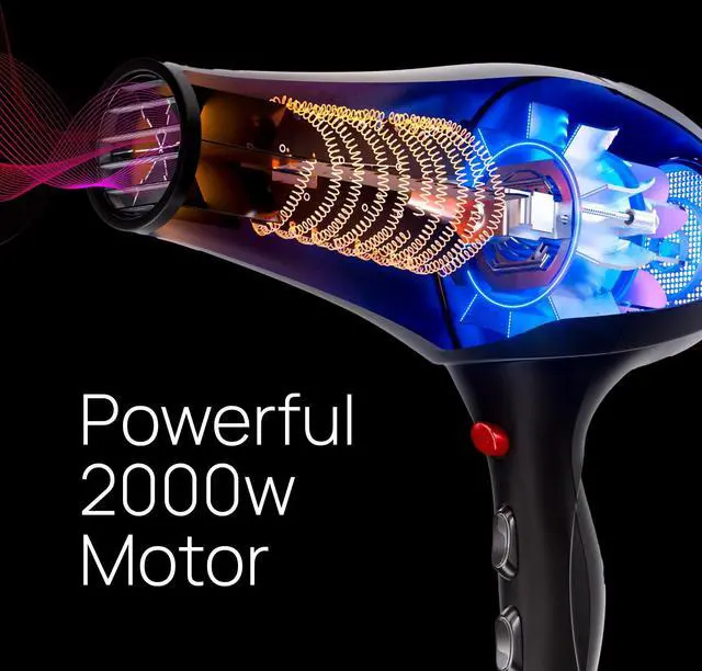Alt view image 13 of 14 - Professional Hair Dryer, Ionic Ceramic Tourmaline Technology, 2000W Fast Quiet Drying, with Narrow & Wide Concentrator Nozzles, 3 Heat & 2 Speed Settings, Cool Shot Button, Black