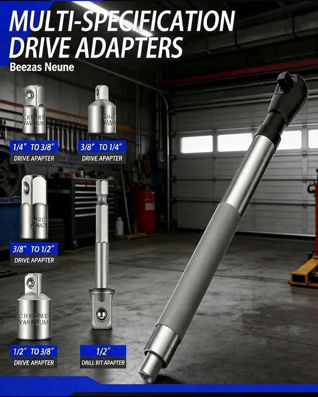 Alt view image 8 of 12 - 1/2" Offset Extension Wrench, Impact Ratchet Extender for Electric Drill, with 3/8", 1/4" Adapters for Tight Spaces