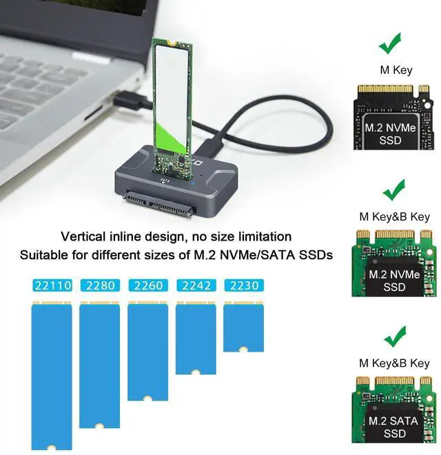 Alt view image 12 of 14 - NVMe to USB 3.2(10Gbps) SSD Reader Docking Station Portable M.2 SSD to USB Adapter External NVMe SSD Enclosure for M.2 PCIe NVMe and M.2 SATA SSD, Compatible with 2.5'' SATA Dirve