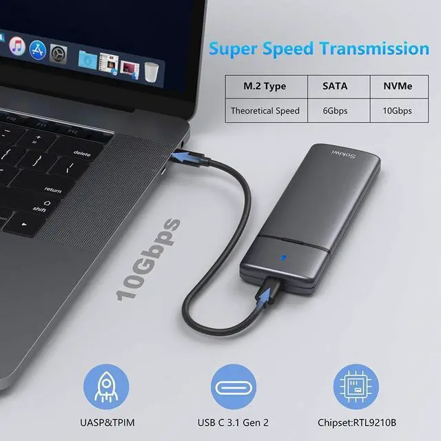 Alt view image 9 of 14 - M.2 NVMe SATA SSD Enclosure Adapter Tool-Free,USB 3.2 Gen2 10Gbps External to USB PCI-E 6Gbps SATA M-Key / B+M Key, NVMe Reader Support UASP Trim for SSDs 2230/2242/2260/2280