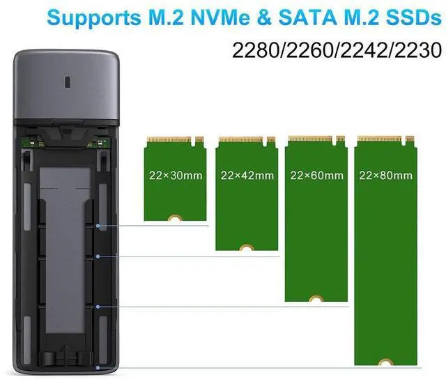 Alt view image 11 of 14 - M.2 NVMe SATA SSD Enclosure Adapter Tool-Free,USB 3.2 Gen2 10Gbps External to USB PCI-E 6Gbps SATA M-Key / B+M Key, NVMe Reader Support UASP Trim for SSDs 2230/2242/2260/2280