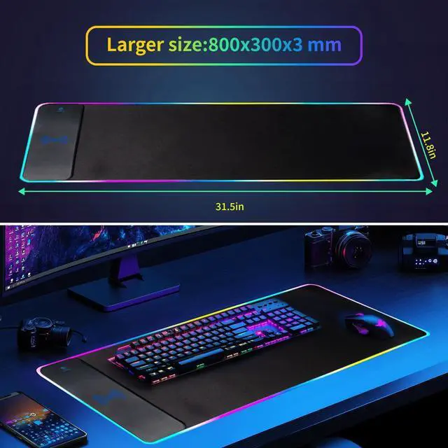 Alt view image 14 of 14 - RGB Gaming Mouse Pad with Wireless Charging 15W, LED Mouse Mat 31.5 * 11.8 in, 10 Light Modes Extra Large Mousepad Non-Slip Rubber Base Computer Keyboard Mat for Gaming, MacBook, PC, Laptop, Desk