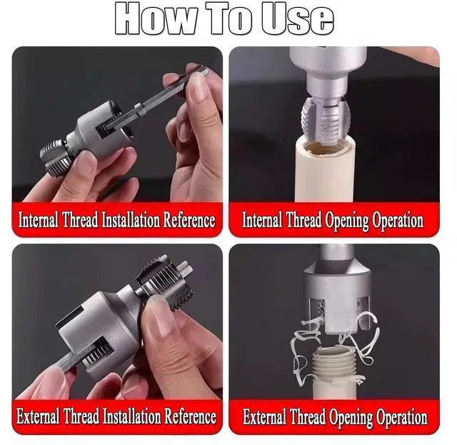 Alt view image 8 of 10 - 4 in 1 PVC Pipe Threader Kit, Dual-Function Internal & External Threading Tool for 1/2" 3/4" 1" Pipes, Electric Drill Compatible Pipe Wrench for PVC/PPR/ABS Plumbing Repair & DIY