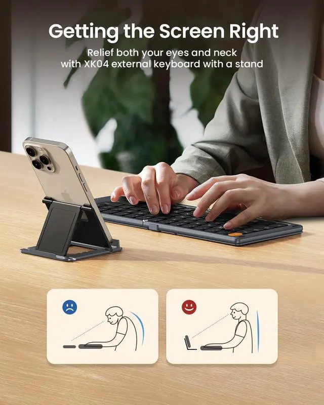 Alt view image 12 of 14 - Foldable Compact Keyboard, XK04 Portable Bluetooth Keyboard with PU Leather Cover, Pocket-Sized Wireless Travel Keyboards for iPad, iPhone, Smartphone, Tablet and Laptop- Gray