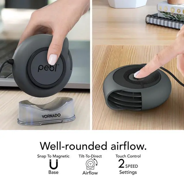 Alt view image 9 of 12 - PEBL Portable USB Desk Fan with Magnetic Base, 2 Speed Settings, Adjustable Airflow, Personal Cooling Device, Mini Travel Fan for Home, Office and Travel