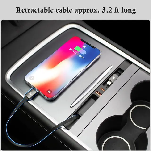 Alt view image 12 of 12 - Car USB Hub Charger for Tesla Center Console with Fast Charging Retractable Cables Phone Charger Docking Station Accessories(2 Type-C(Model Y 2021-2024 & Model 3 2021-2023))