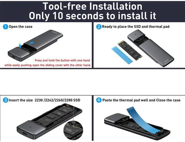 Alt view image 13 of 14 - M.2 NVMe SATA SSD Enclosure Adapter Tool-Free,USB 3.2 Gen2 10Gbps External to USB PCI-E 6Gbps SATA M-Key / B+M Key, NVMe Reader Support UASP Trim for SSDs 2230/2242/2260/2280