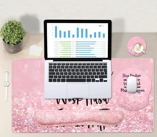 Alt view image 13 of 14 - 4-in-1 Gaming Mouse Pad Wrist Support SetDesk Pad + Mouse Pad with Wrist Rest + Keyboard Wrist Rest + Coaster, Ergonomic Design for Home Office Study Game - Pink Stay Positive