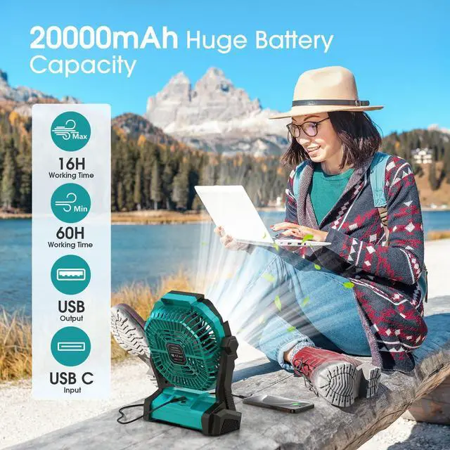 Alt view image 9 of 14 - Portable Fan Rechargeable, 20000mAh Cordless Battery Powered Fan with LED Lantern, USB C Battery Operated for Travel Bedroom Home Camping Tent Office Beach Desk Fishing Table