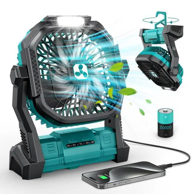 Alt view image 8 of 14 - Portable Fan Rechargeable, 20000mAh Cordless Battery Powered Fan with LED Lantern, USB C Battery Operated for Travel Bedroom Home Camping Tent Office Beach Desk Fishing Table