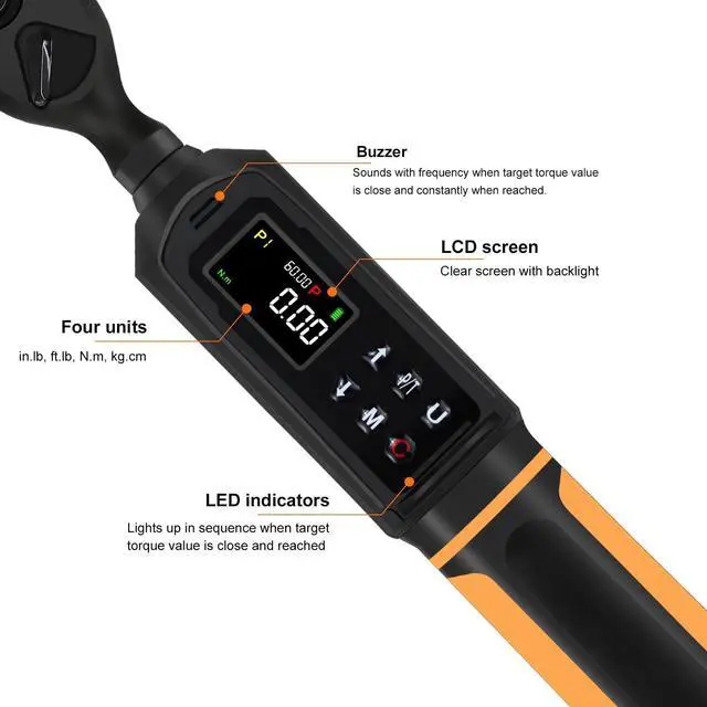 Alt view image 9 of 12 - Digital Torque Wrench 3/8" Drive, 0.66-44.29Ft.lbs/0.9-60Nm Range, Electric Torque Wrench with Dual Direction Ratchet, ±1% Accuracy with Vibration, Buzzer and LED Alert