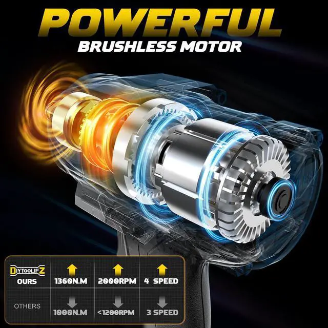 Alt view image 9 of 14 - Cordless Impact Wrench 1/2 inch Compatible with DeWalt 20v Battery, 1000Ft-lbs(1360N.m) High Torque Impact Driver with 4-Modes, LED Light, Electric Impact Gun for Car/Truck/Mower(Bare Tool)