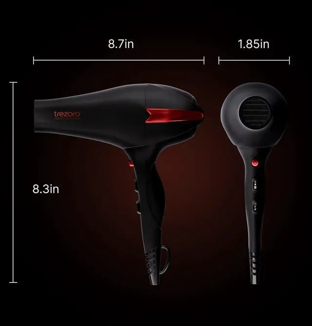Alt view image 14 of 14 - Professional Hair Dryer, Ionic Ceramic Tourmaline Technology, 2000W Fast Quiet Drying, with Narrow & Wide Concentrator Nozzles, 3 Heat & 2 Speed Settings, Cool Shot Button, Black