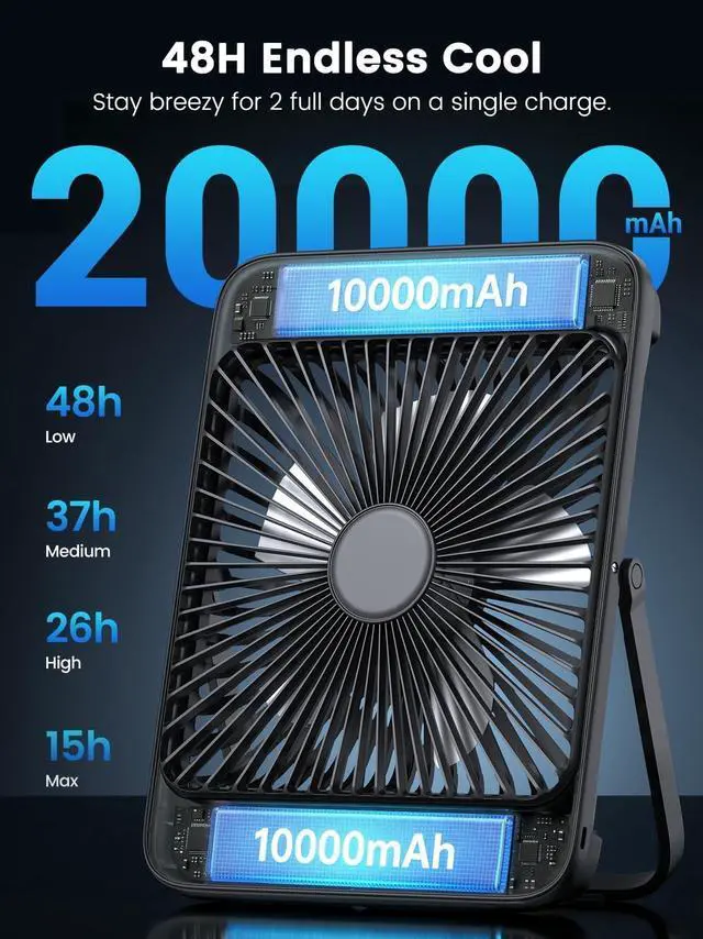 Alt view image 9 of 14 - 20000mAh Battery Powered Fan, Ultra-Slim 8-Inch Portable Camping Fan with LED Lantern, Up to 48H Runtime Rechargeable Desk Fan for Bedroom, Outdoor, Tent, Travel, Cruise Ship Essentials