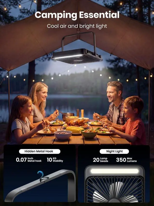 Alt view image 10 of 14 - 20000mAh Battery Powered Fan, Ultra-Slim 8-Inch Portable Camping Fan with LED Lantern, Up to 48H Runtime Rechargeable Desk Fan for Bedroom, Outdoor, Tent, Travel, Cruise Ship Essentials