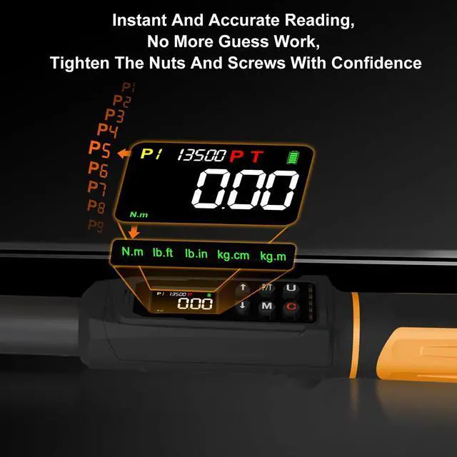 Alt view image 9 of 12 - Digital Torque Wrench 3/8 Drive, 1.5-99.5 ft-lbs./6.8-135Nm Range, Electric Torque Wrench with Dual Direction Ratchet, ±1% Accuracy with Vibration, Buzzer and LED Alert