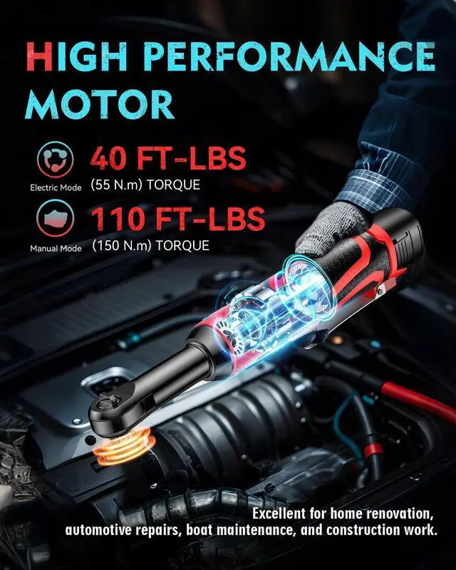 Alt view image 13 of 14 - 3/8" Cordless Ratchet Wrench, Extended Electric Ratchet Wrench, 40 Ft-Lbs 450 RPM 16.8V Cordless Battery Powered Ratchet Wrench Set with 2 Batteries, Variable Speed, 7 Sockets, LED Light