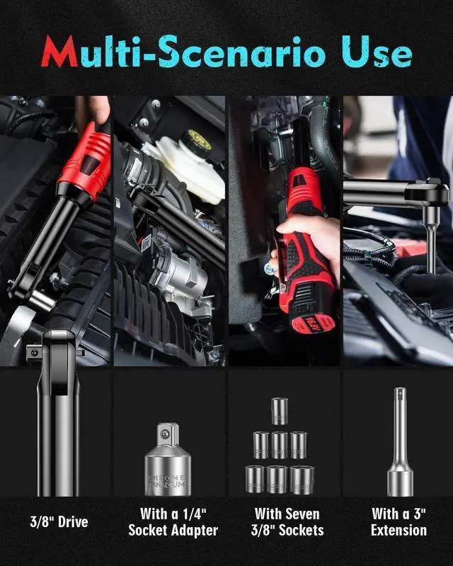 Alt view image 14 of 14 - 3/8" Cordless Ratchet Wrench, Extended Electric Ratchet Wrench, 40 Ft-Lbs 450 RPM 16.8V Cordless Battery Powered Ratchet Wrench Set with 2 Batteries, Variable Speed, 7 Sockets, LED Light
