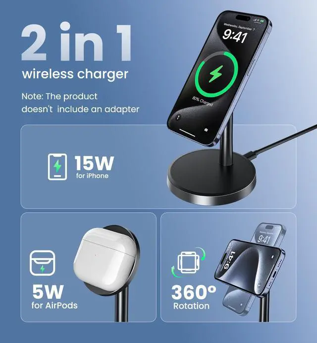 Alt view image 10 of 14 - Magnetic Wireless Charger iPhone, 2 Pack 15W Fast Mag-Safe Charger Stand for iPhone 17/17 Air/17 Pro/17 Pro Max 16/15/14/13/12 Series, Wireless Charging Station for Pad/AirPods