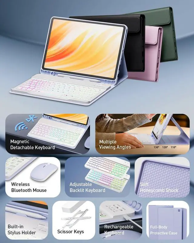 Alt view image 9 of 14 - Case Keyboard for Amazon Kindle Fire HD 10&10 Plus 11/13th Gen 10.1 inch 2021&2023, Detachable Wireless Backlit Keyboard with Mouse, Lightweight Stand Cover with Pen Holder (Light Purple)