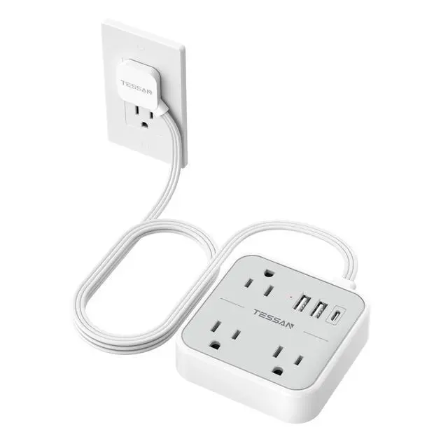 Alt view image 8 of 14 - Ultra Thin Flat Extension Cord 5 FT, Slim Power Strip with USB Ports (1 USB C), Surge Protector Flat Plug Wall Charger with 3 Outlets for Office, School, Dorm Room Essentials