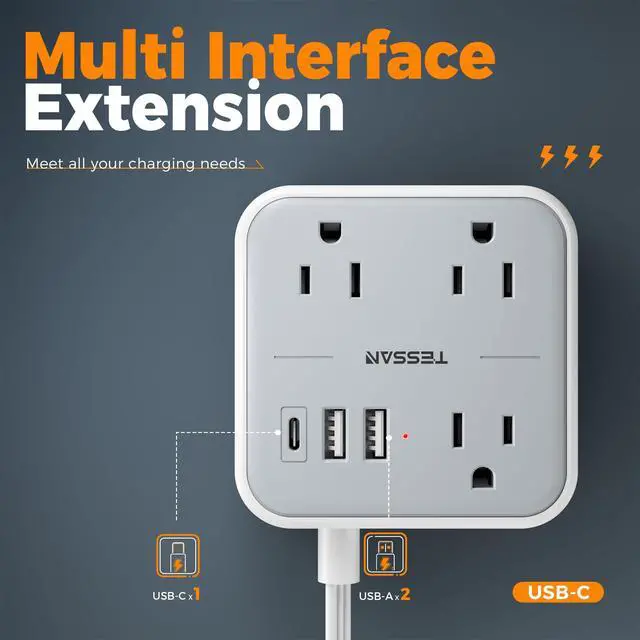 Alt view image 12 of 14 - Ultra Thin Flat Extension Cord 5 FT, Slim Power Strip with USB Ports (1 USB C), Surge Protector Flat Plug Wall Charger with 3 Outlets for Office, School, Dorm Room Essentials