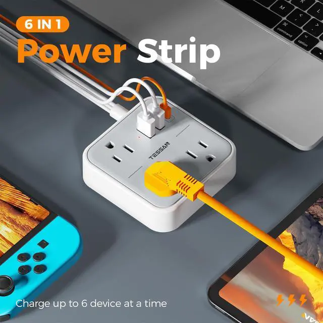 Alt view image 10 of 14 - Ultra Thin Flat Extension Cord 5 FT, Slim Power Strip with USB Ports (1 USB C), Surge Protector Flat Plug Wall Charger with 3 Outlets for Office, School, Dorm Room Essentials