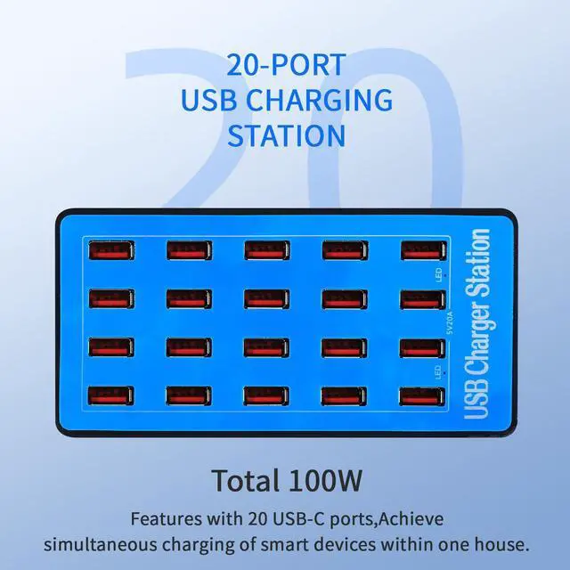 Alt view image 14 of 14 - USB Charging Station,100W 20-Port Multi Device Charger with Intelligent Safety Features,Charging Station for Multiple Devices Phone,Watch,Pad,Speakers,Headphones,PS Compact for Home,Office,Travel