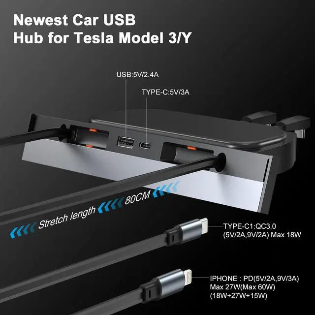 Alt view image 11 of 12 - USB Hub for Tesla Model 3 Model Y Waterproof - Fast Phone Charger for Model Y/3 Accessories 2024 2023 2022 2021 Multi Port Retractable Docking Station, 100% Fit Center Console(Not Fit Model 3 2024)