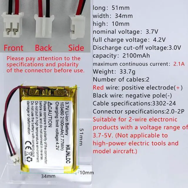 Alt view image 9 of 14 - DC 3.7V 2100mAh 103450 Rechargeable Lithium ion Polymer Battery Replacement for PS4 Controller CUH-ZCT1 Series DIY 3.7-5V Electronic Products with Built-in 2-Wire Battery Replacement